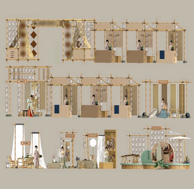 新中式集市商业街庙会古风市集美陈打卡点舞台SU模型C4D素材FBX