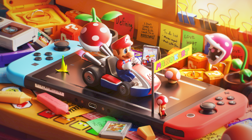 C4D桌面便签Switch游戏手柄马里奥赛车场景工程文件OC渲染