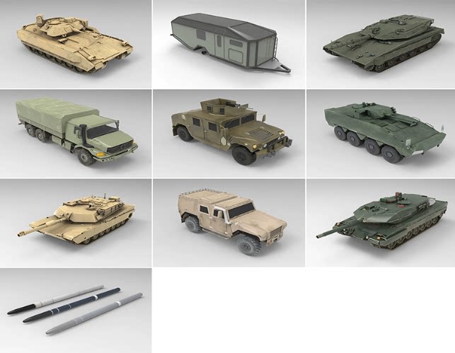 C4D坦克FBX军用卡车STL装甲车OBJ军事武器unity房车三维模型素材