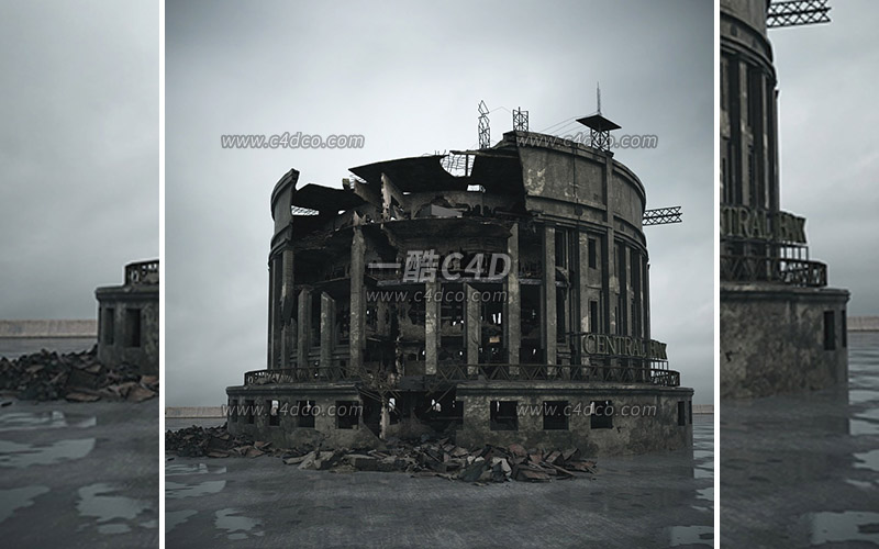 一酷C4D废弃楼房破旧房屋战损建筑废墟建筑模型-106