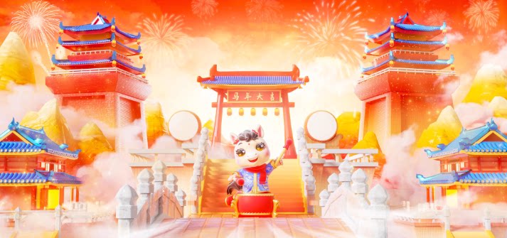 C4D新年马年春节喜庆国风建筑背景OC渲染3D立体场景