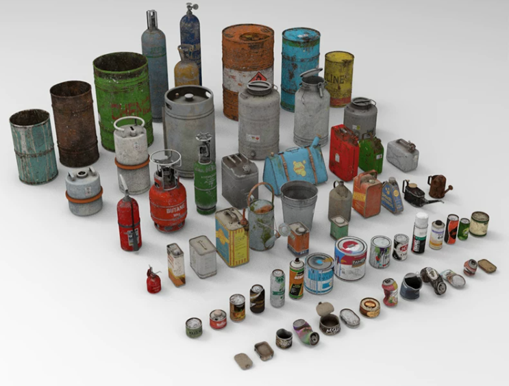 C4D FBX STL OBJ生锈油桶铁通油壶灭火器手喷罐易拉罐罐头3D模型-cg男孩