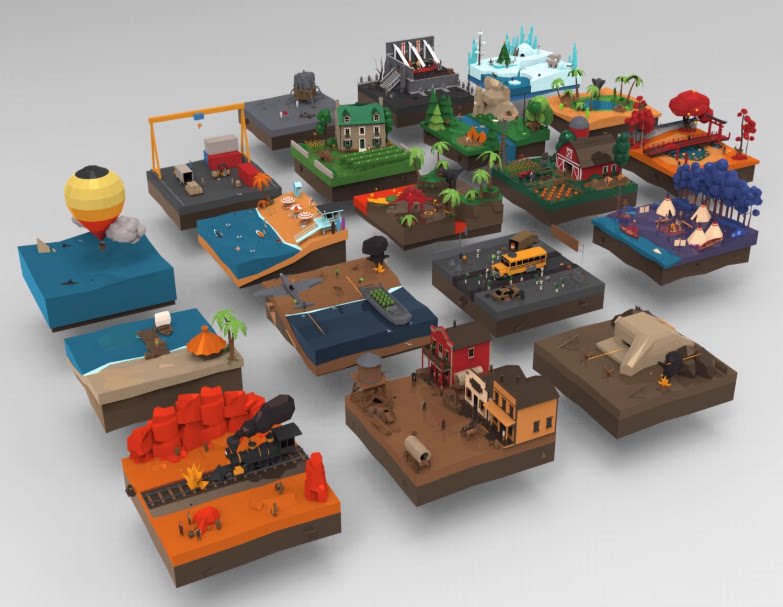 C4D低面卡通FBX田园小屋OBJ沙漠火车Blender海滨沙滩农场月球登陆