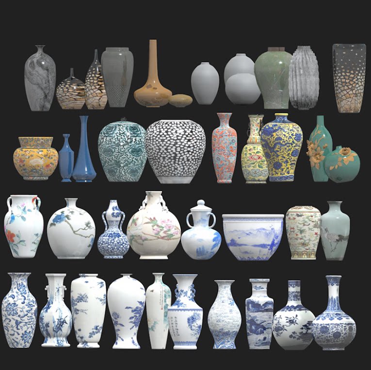 现代瓷器青花瓷花瓶陶瓷罐陶瓷盘室内装饰瓷器SU模型C4D素材FBX-cg男孩