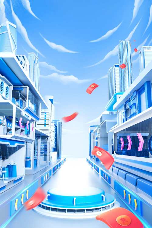 C4D科技城市科幻街道商铺促销电商OC渲染3D立体场景