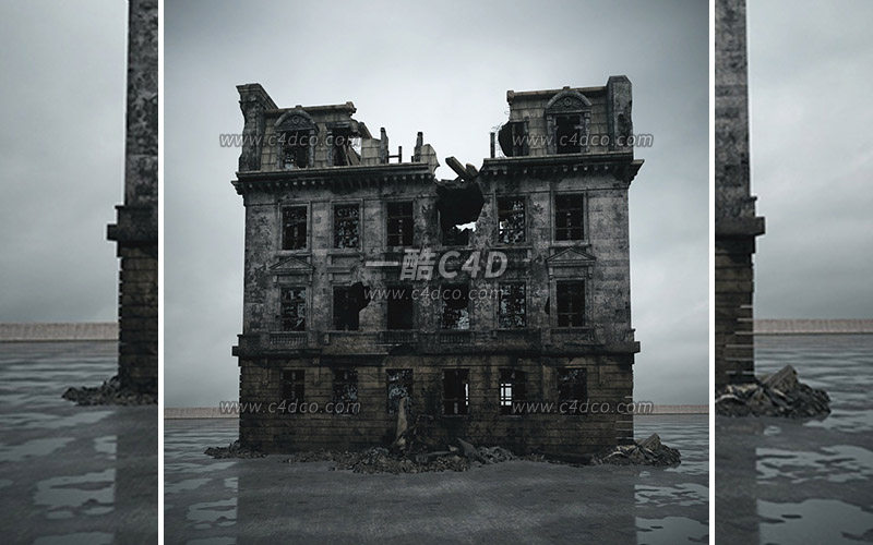 一酷C4D废弃楼房破旧房屋战损建筑废墟建筑模型-105