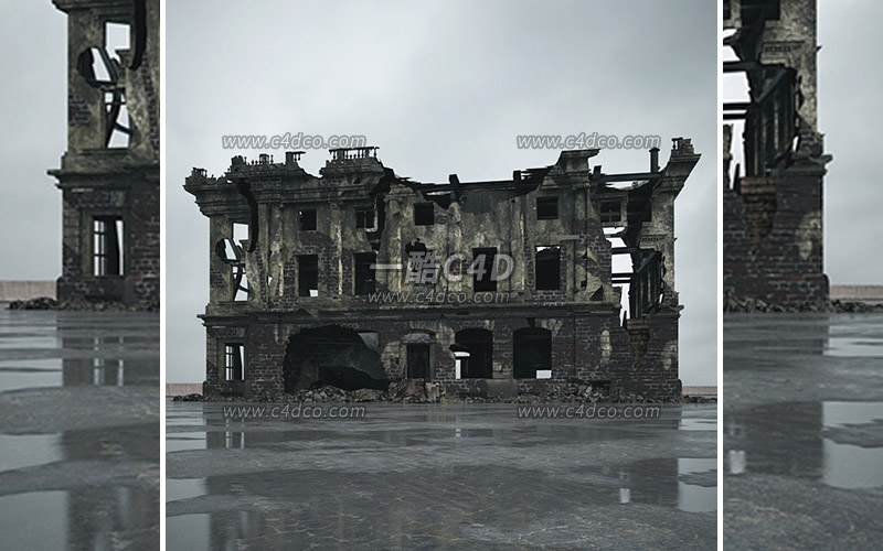 一酷C4D废弃楼房破旧房屋战损建筑废墟建筑模型-95