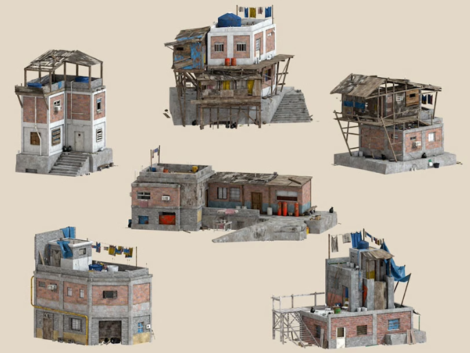 贫民窟水泥毛坯建筑木板蓬屋水箱晾衣架SU模型SU模型C4D素材FBX