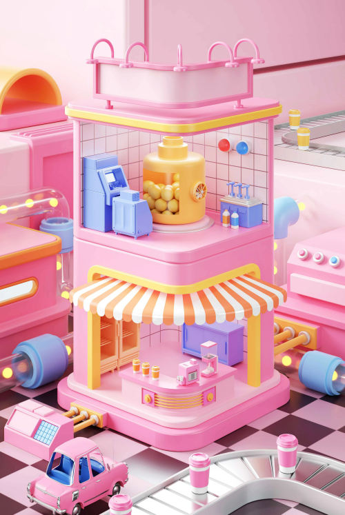 C4D创意饮料奶茶餐饮美食商店工厂电商OC渲染3D立体场景