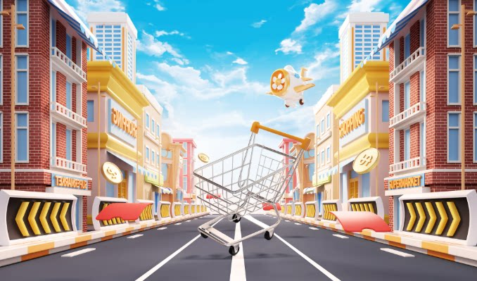 C4D双11双12电商商铺街购物车大促背景OC渲染3D立体场景