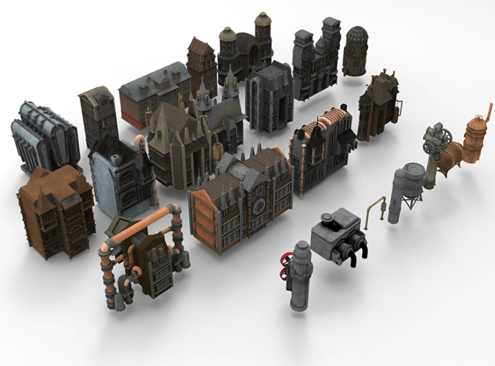 C4D奇幻蒸汽朋克建筑FBX尖顶房屋OBJ游戏动画场景MAYA素材Blender