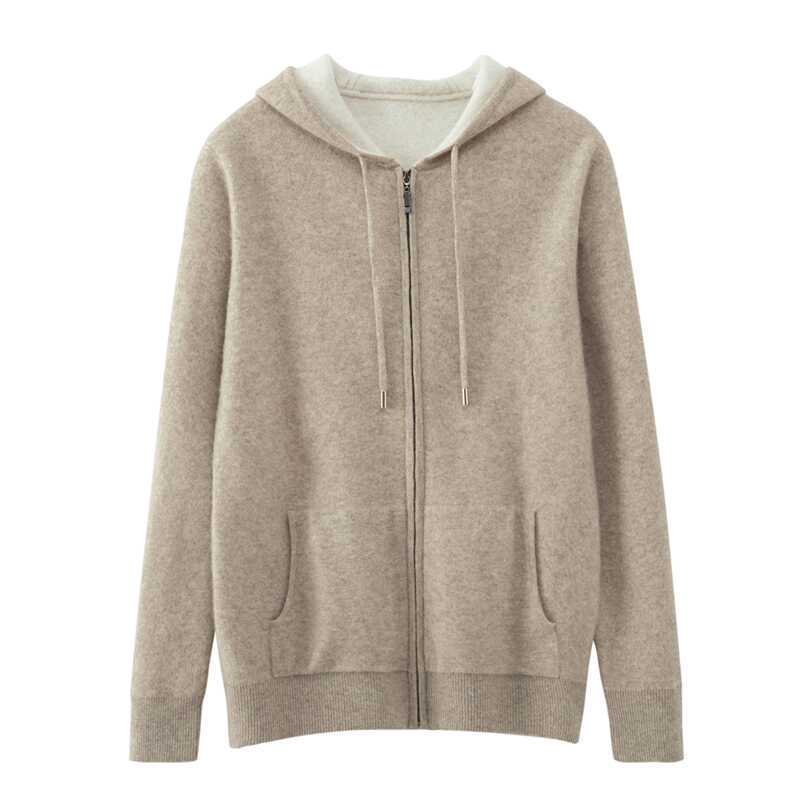 New Autumn and Winter Men's Hooded Cashmere Sweatshirt, Thickened Sweater Jacket, 100% Pure Wool Knitted Hoodie, Zip-Up Cardigan