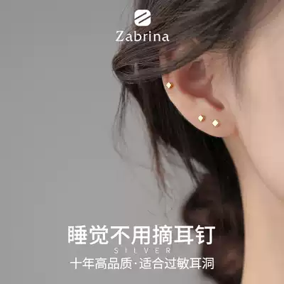 925 sterling silver ear needle female simple handmade drawing small ear bone nail cube men's tide earrings earrings