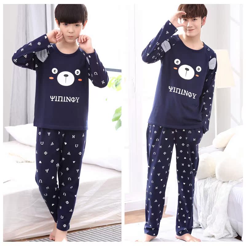 Cha và con trai mặc đồ ngủ nam dài tay học sinh trung học cơ sở 12-15 tuổi con lớn 13-18 trẻ em trai teen mùa xuân và mùa thu pijama nam