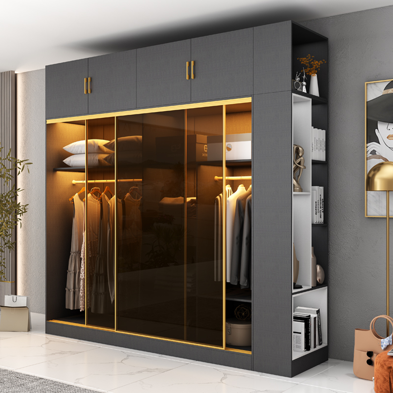 Wardrobe home bedroom sliding door cabinet thick glass door simple modern small apartment rental house with light wardrobe