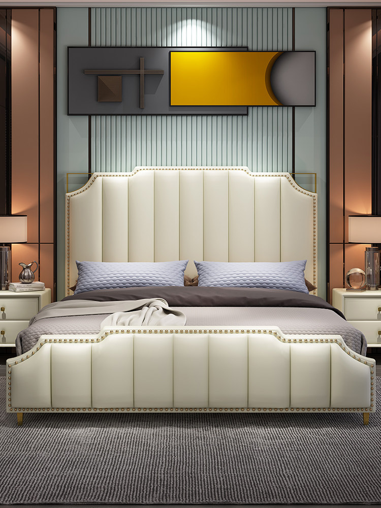 American light lavish rear modern genuine leather bed minimalist solid wood double 1 8 m master bedroom with atmospheric wedding bed 2 m 2 2 soft beds