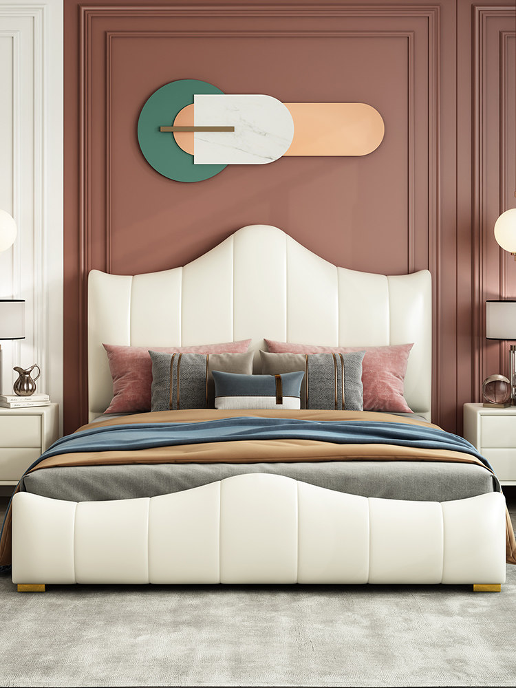 Modern light and luxurious bed master bedroom with upscale atmosphere Nordic Wind Genuine Leather Beds Teenage American innate