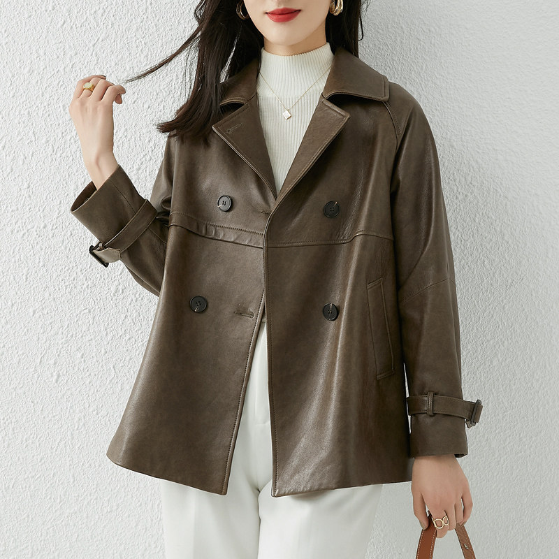 2021 spring and autumn new leather leather jacket women's sheepskin fashion handsome short windbreaker jacket double-breasted suit lapel