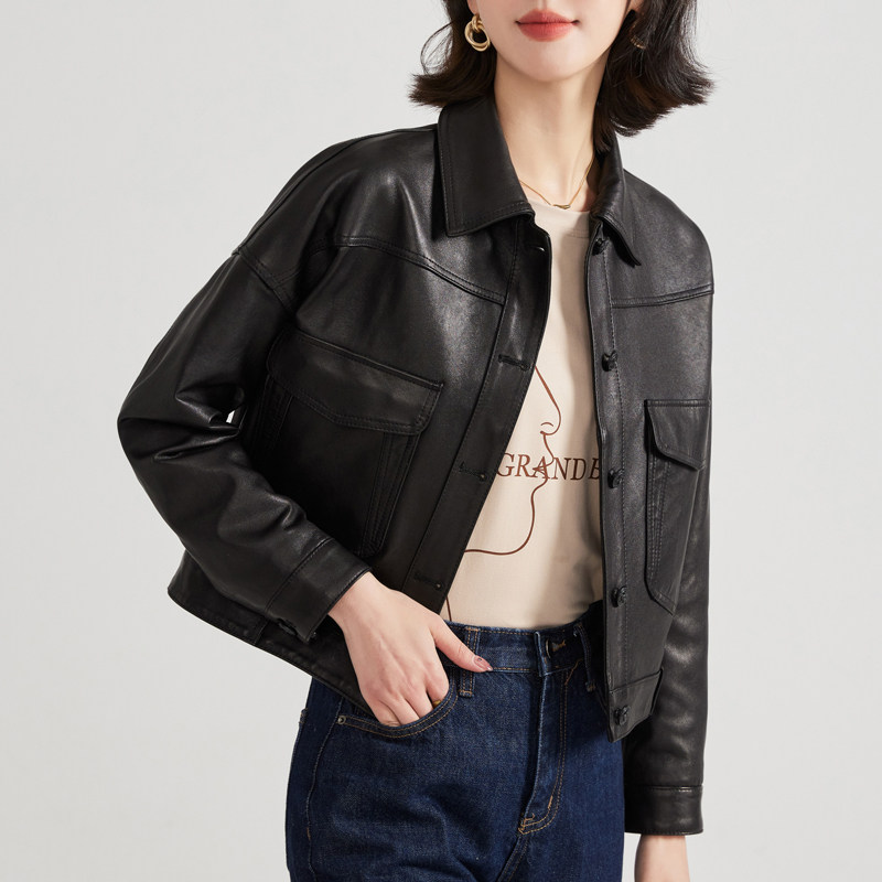 2022 New Sheep Leather Jeans Genuine Leather Jacket Woman short Loose Fashion Leather Coat Square Collar Youthful