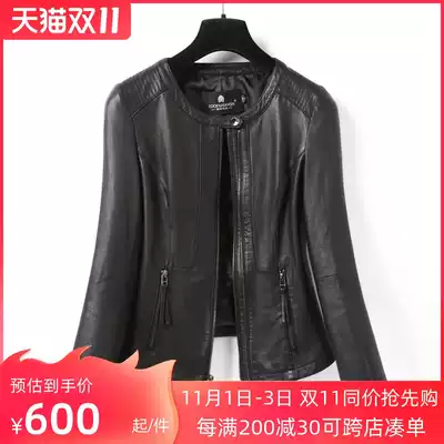 2021 European leather locomotive leather leather women's Sheep Spring and Autumn short slim round neck single leather jacket coat slim