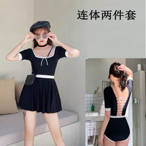 Vintage one-piece swimsuit Black conservative belt skirt strap Halter half sleeve Girly Spa Professional skinny swimsuit