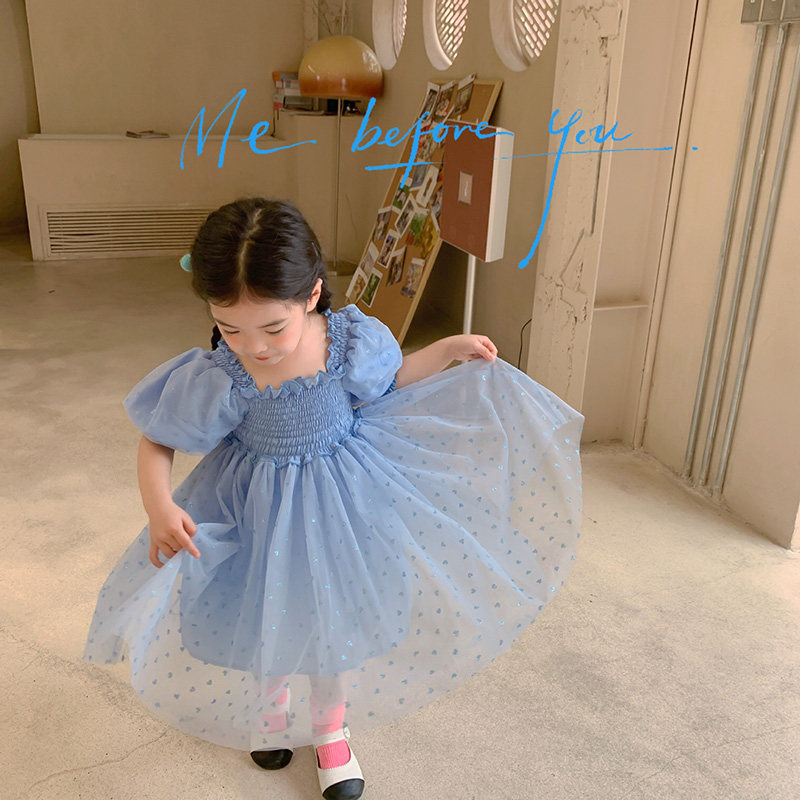 Girl Bubble Cuff Princess Lian dress 2021 Summer Korean version Children's baby girl's square neckline Bright Sheet Fluffy Skirt