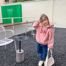 Girl Gush Jacket Head Sweater Letters Printed 21 Winter Korean Version Floral Side Hat Woman Baby Thickened Full Cotton Foreign Air Blouse