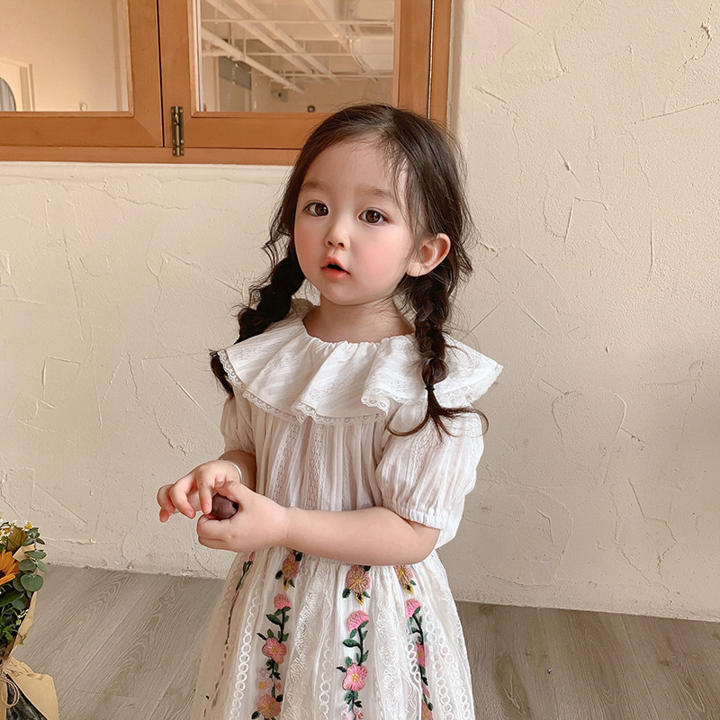 Girl short sleeve doll Shirt 2021 Summer Korean version Children's baby flower lace collar pure cotton loose hollowed-out shirt