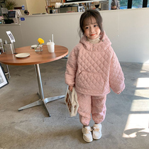 Childrens rhombus clip cotton suit 21 Winter Korean version of male and female childrens baby Lianhood headblouses + cotton pants two sets of damp