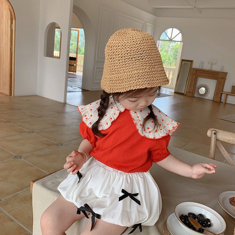 Girl short sleeve T-shirt 2021 Summer Korean version Children's baby lace collar Poot point red pure cotton polenta dolls