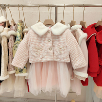 Girl child Hooter Jacket Vest dress suit Winter Korean version Childrens womens hair collar pearl plus velvet mesh yarn dress