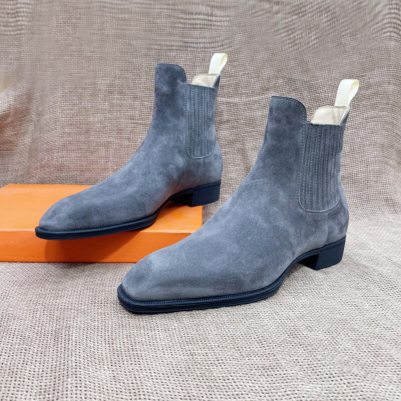 【Qin Di】First-Layer Suede Chelsea Boots, Square-Toe Genuine Leather Vintage Boots, Men's Leather Boots, New Autumn and Winter Short Boots
