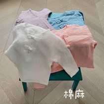 Japan-ROK Department ~ Little Fresh Spring Summer paragraph Child brief Long sleeves Bottom Compassionate Male Girl Slim cotton linen short sleeve T-shirt