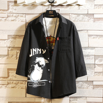Fat Japanese thin black shirt mens long-sleeved loose large size ruffian handsome shirt trend three-point sleeve jacket summer