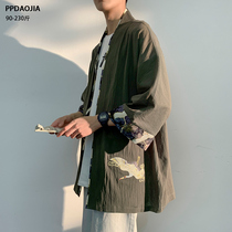 Crane embroidery linen shirt short-sleeved mens Chinese style loose robe seven-point sleeve thin cardigan jacket mens summer
