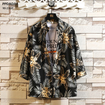 Hawaiian beach printed shirt Short-sleeved mens loose large size Ruffian handsome Korean shirt three-point sleeve jacket mens clothing