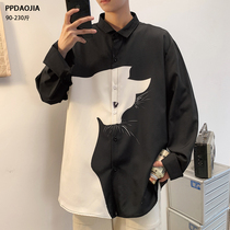 Spring and autumn stitching cartoon white shirt mens long-sleeved loose large size handsome ruffian handsome shirt lazy wind jacket mens clothing