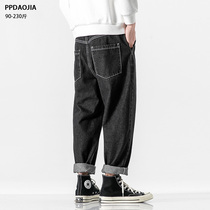 Fat Japanese thin black denim casual pants men loose large size straight overalls trend wide leg pants men