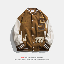 Spring tides embroidered brown American Couple baseball clothes Mens loose Big code Early spring High sense trend jacket man
