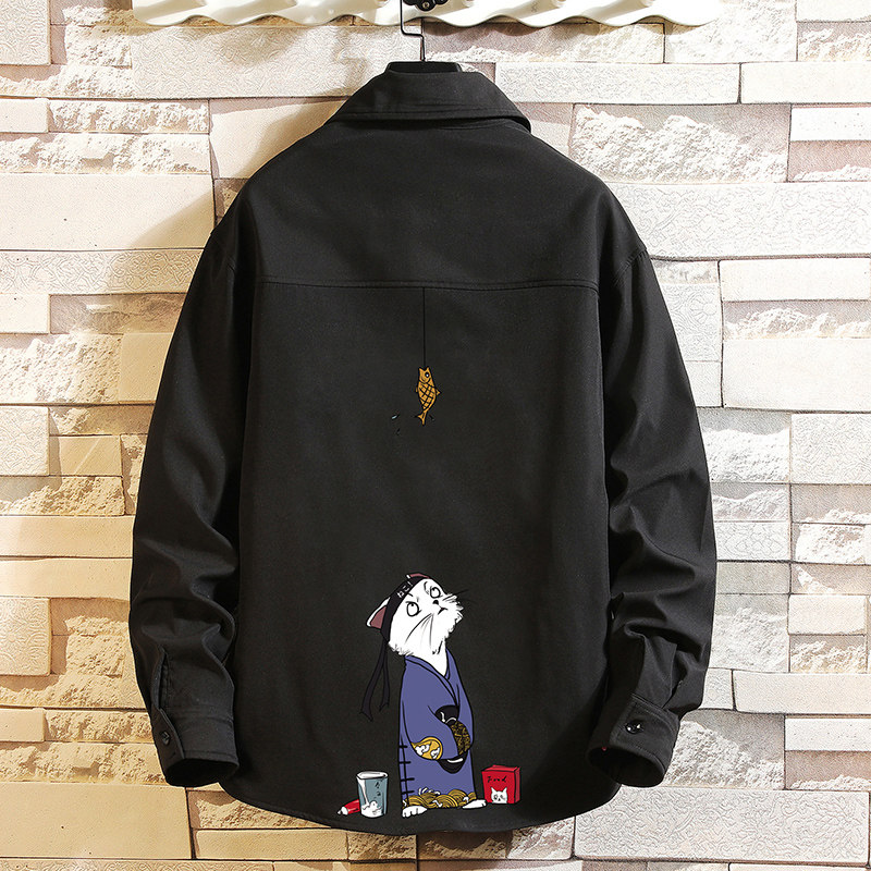 Spring and Autumn Japanese Printed White Shirt Men's Long Sleeve Loose Large Size Handsome Trend Shirt Casual Top Thin Coat