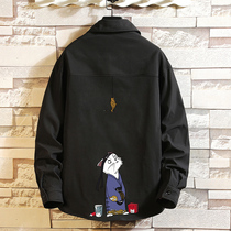 Spring and autumn Japanese printed white shirt mens long-sleeved loose large size handsome trend shirt casual top thin jacket