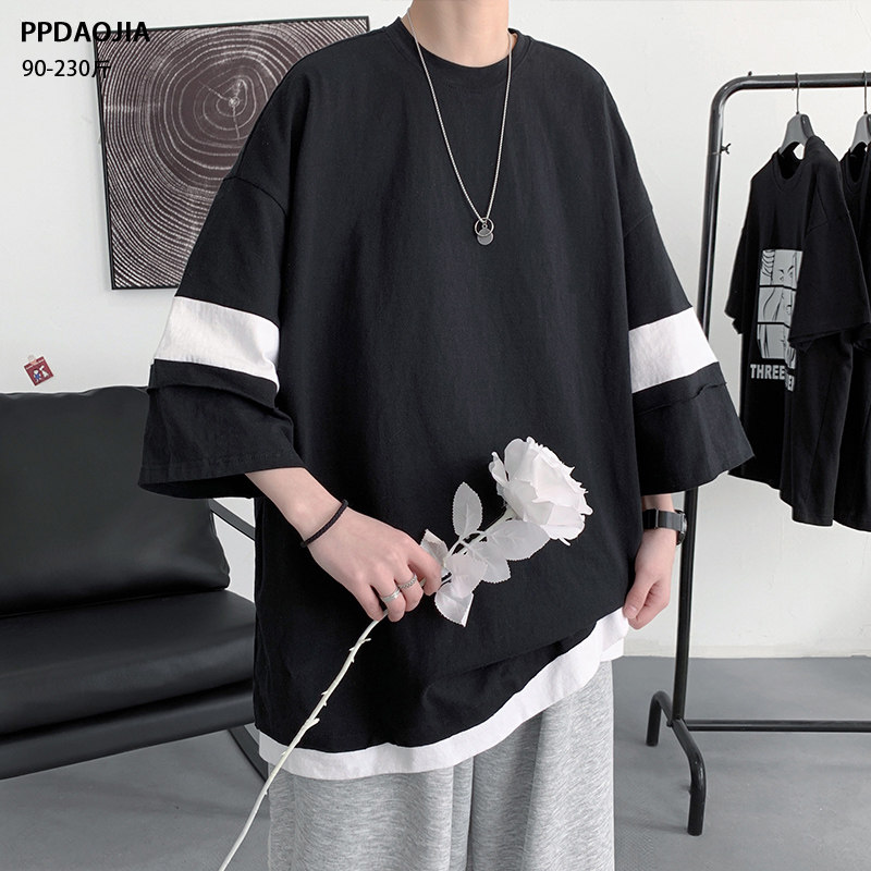 Short Sleeve T-Shirt Male Summer Port Wind Ins loose splicing dummy Two 70% sleeves handsome student trend 100 lap blouses