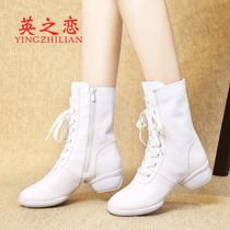 White Dance Shoes Women Genuine Leather Soft-bottom Square Dance Shoes Heel Water Soldiers Dance Shoes Women Boots Cow Leather Dance Boots