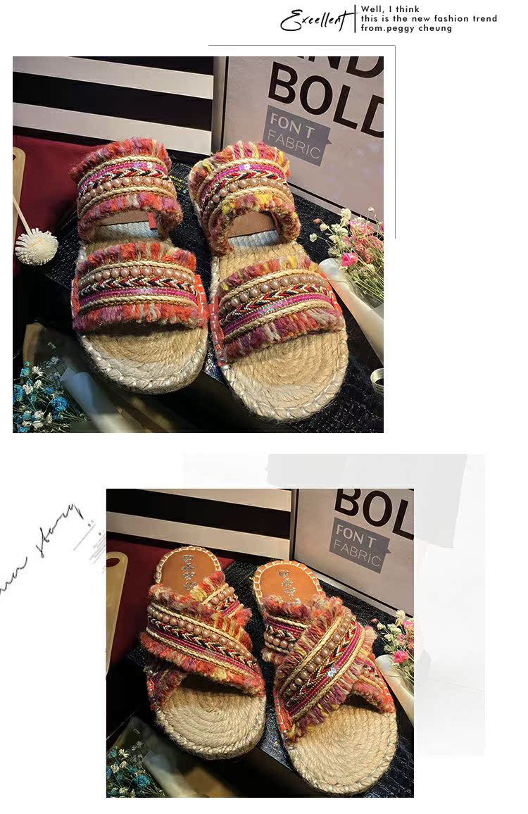 2019 Xia Bohemian phong cách quốc gia mát mẻ dép văn học tua cườm phẳng cỏ rơm từ chéo dép nữ - Dép giày sandal nữ đế cao