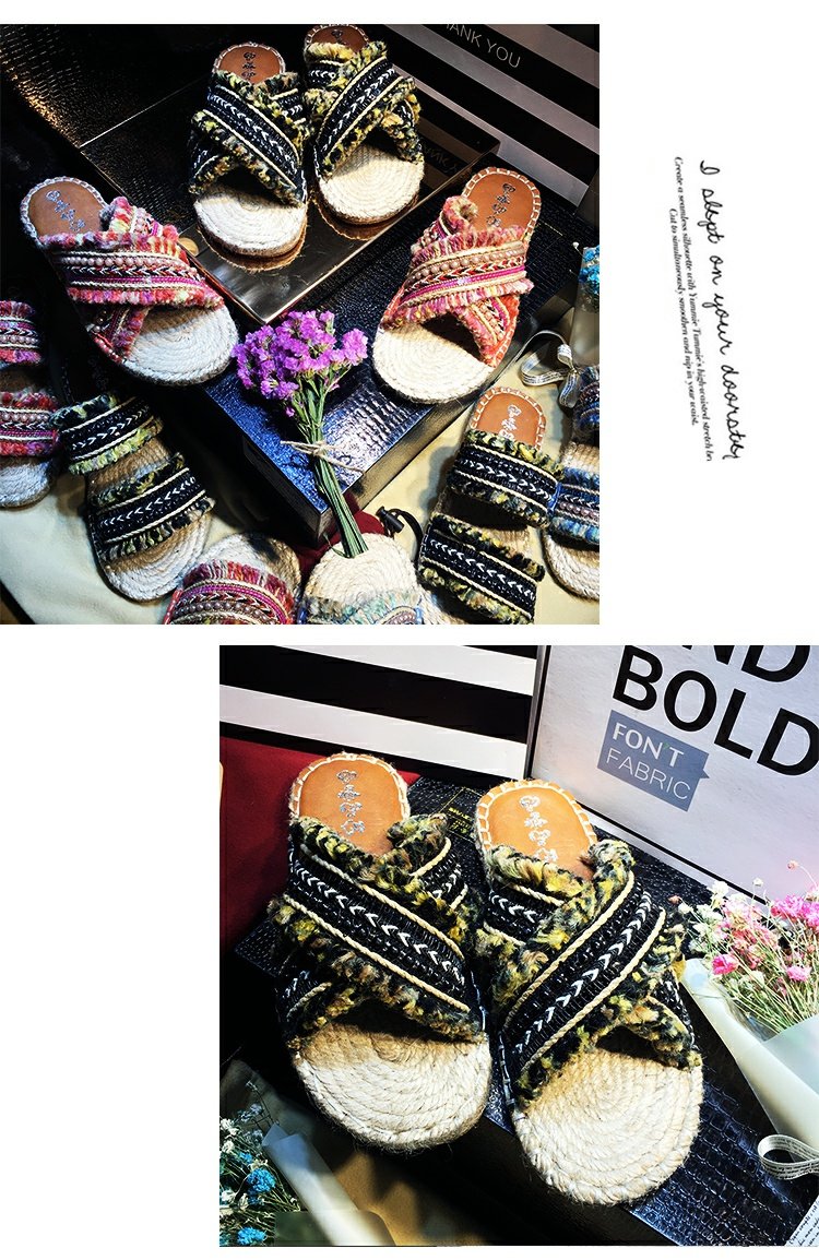2019 Xia Bohemian phong cách quốc gia mát mẻ dép văn học tua cườm phẳng cỏ rơm từ chéo dép nữ - Dép giày sandal nữ đế cao
