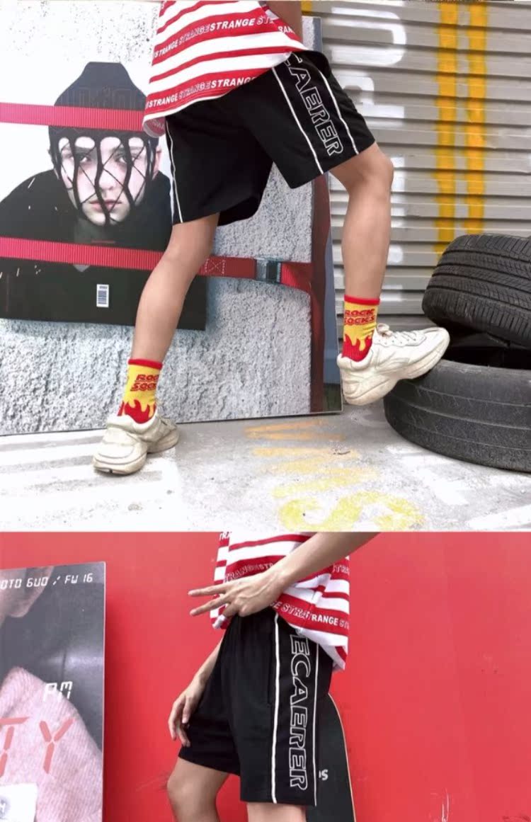Hãng phim Hàn Quốc. Thư cổ điển in quần short màu tím giản dị 18ss cho nam và nữ quần áo thể thao