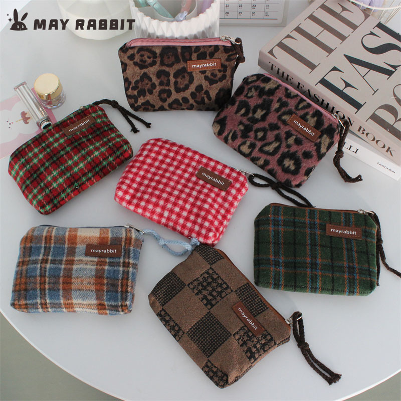 Mayrabbit New Woolen Leopard Print Plaid Coin Purse Portable Clutch Bag for Women Large Capacity Lipstick Storage Bag Mayrabbit New Woolen Leopard Print Plaid Coin Purse Portable Clutch Bag for Women Large Capacity Lipstick Storage Bag