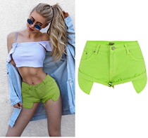 European and American sexy denim shorts personality mustard green vacation style loose non-elastic crimped open pocket beach hot pants women