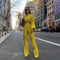 2019 early autumn royal sister style womens clothing European and American solid color turtleneck halter long-sleeved casual one-piece trousers thin and tall
