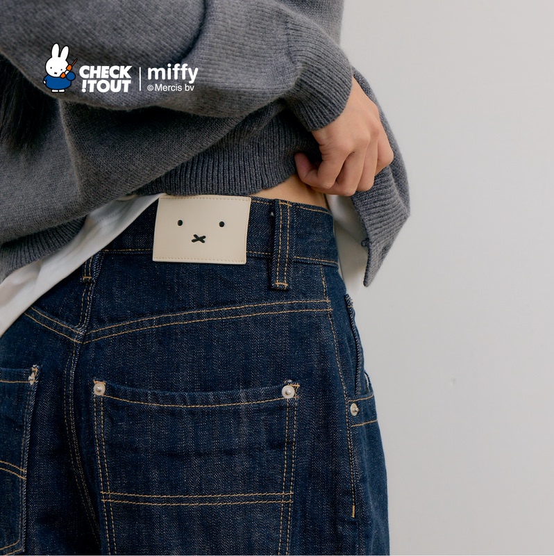Checkitout Miffy Collaboration Authentic Daytime Denim Straight-Leg Pants, Vintage Distressed, Slimming, Loose and Versatile